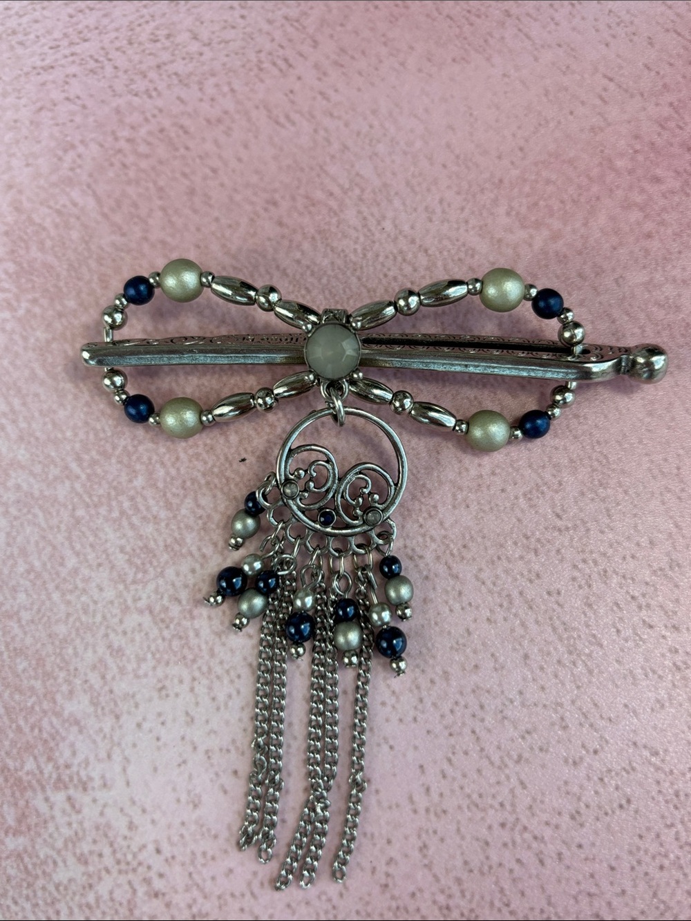 Silver-Tone Barrette with Navy and gray Pearl Beads flexi hair clip